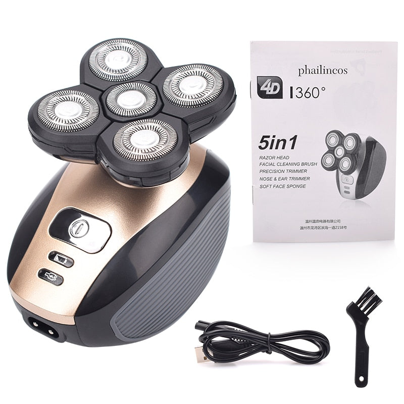 5 In 1 4D Men Rechargeable Bald Head Electric Shaver 5 Floating Heads Beard Nose Ear Hair Trimmer Razor Clipper Facial Brush Men Rechargeable Bald Head Electric Shaver DailyAlertDeals USA Standard-Gold