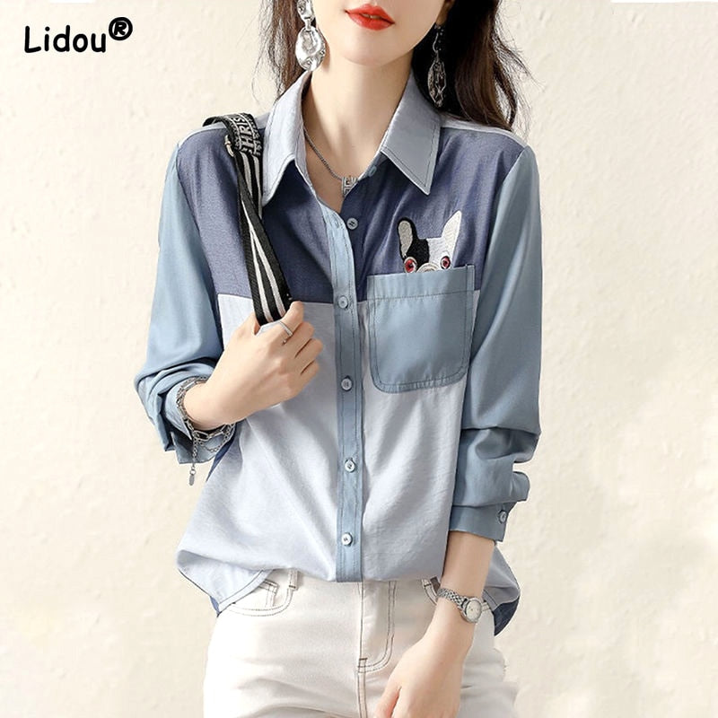 Office Lady Turn-down Collar Button Patchwork Pockets Spring Autumn Women's Clothing Fashion Straight Loose Long Sleeved Blouses 0 DailyAlertDeals
