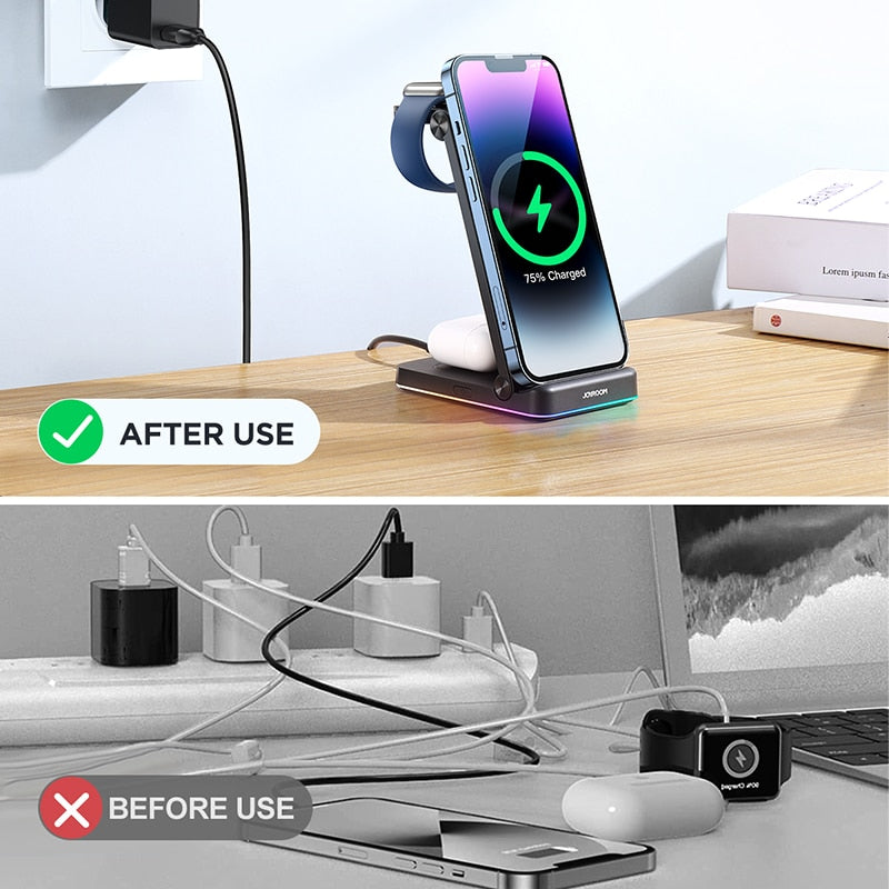3 in 1 Wireless Charging Station for Multiple Devices Foldable Wireless charger stand For iPhone Xiaomi Apple Watch Airpods 3 in 1 Wireless Charging Station DailyAlertDeals