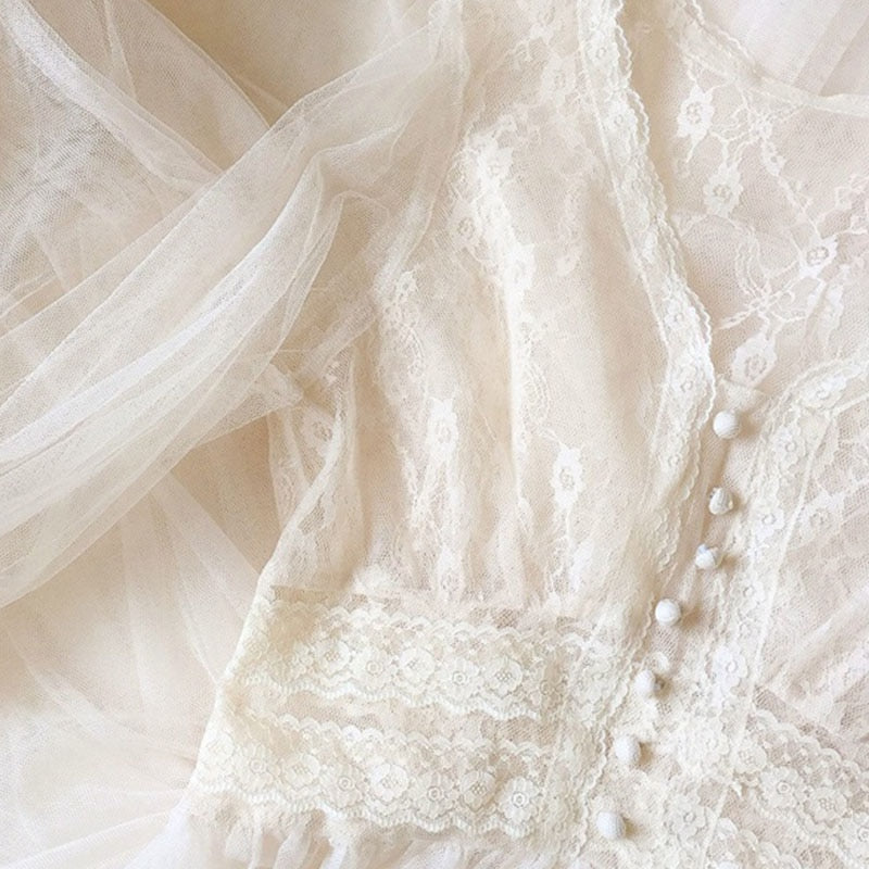 2022 Women Spring New Dress Vintage Elegant with Button A-Line Dress Solid Puff Sleeve Lace Voile Mesh Dress Women Vestidos 8126 0 DailyAlertDeals