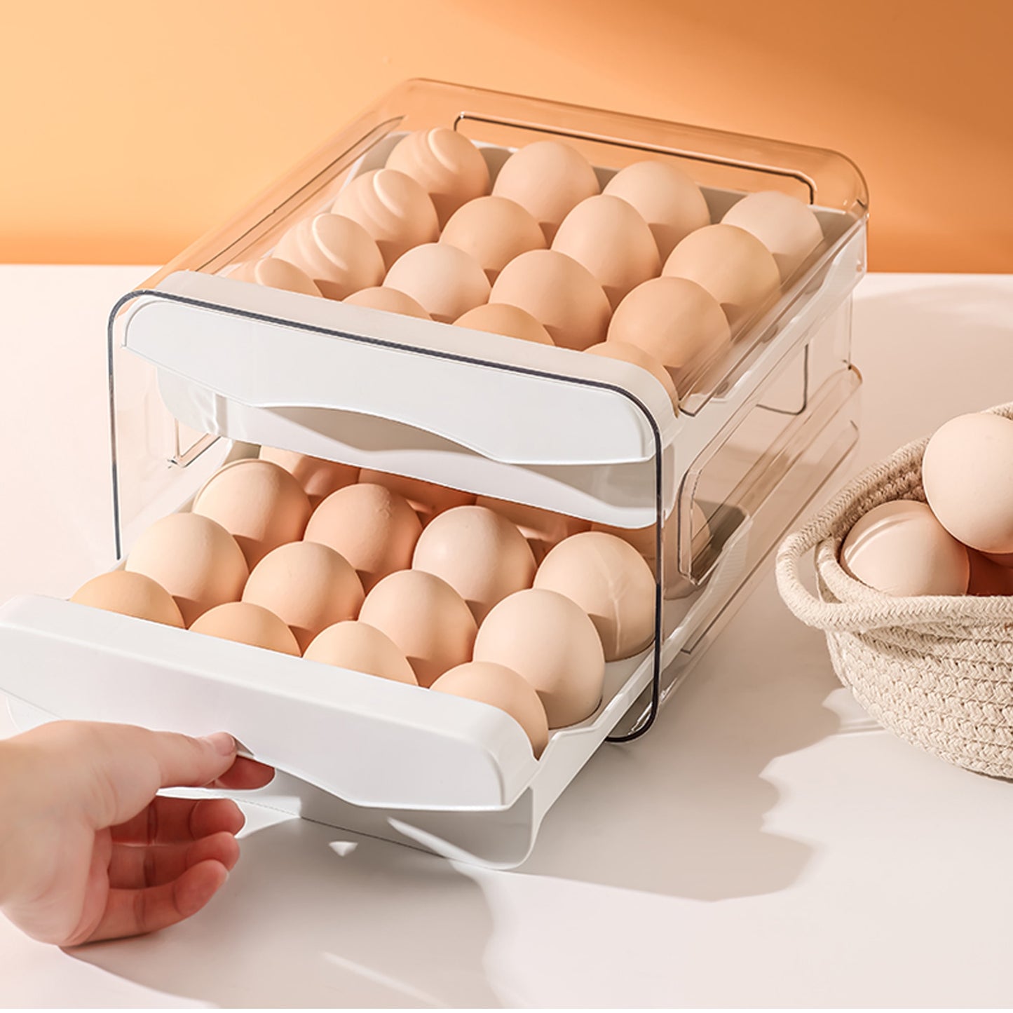 Refrigerator Egg Storage Organizer Egg Holder for Fridger 2-Layer Drawer Type Stackable Storage Bins Clear Plastic Egg Holder Egg Holder for Fridge DailyAlertDeals