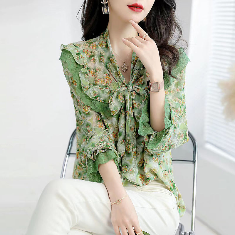Elegant Fashion Bow Lace Chiffon Floral Blouse Woman 2022 Autumn New Office Lady Commute All-match Loose Printed Ruffles Shirts 0 DailyAlertDeals