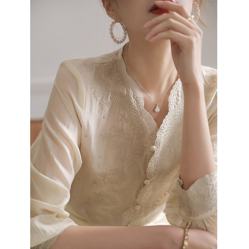 Vintage Embroidered Women Blouse Fashion New V Neck Long Sleeve Shirt Tops Women Loose Sweet Elegant Lace Blouses Female 18016 0 DailyAlertDeals