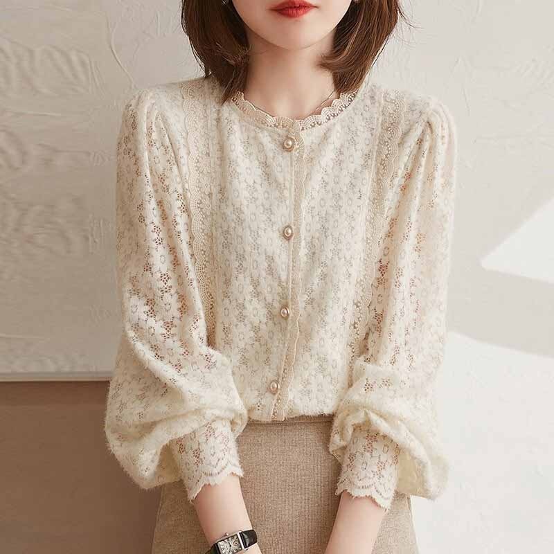Elegant Lace Crochet Women's Blouse Sweet Autumn Vintage Flowers Button Shirt O Neck Casual Loose Long Sleeve Blouses Tops 16619 0 DailyAlertDeals