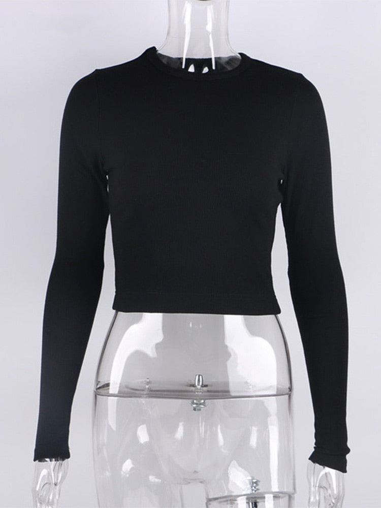 O Neck Long Sleeve Shirt Women Ribbed Sexy Cropped Tops 2022 Spring Black Casual Skinny Slim Basic Woman T Shirts White 0 DailyAlertDeals