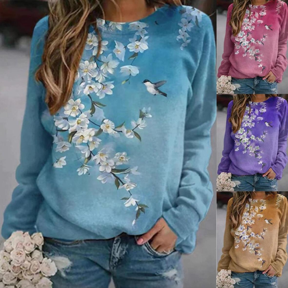Autumn Women's Printed Long Sleeve Casual Round Neck Floral print T-shirt Loose Plus Size Top 0 DailyAlertDeals
