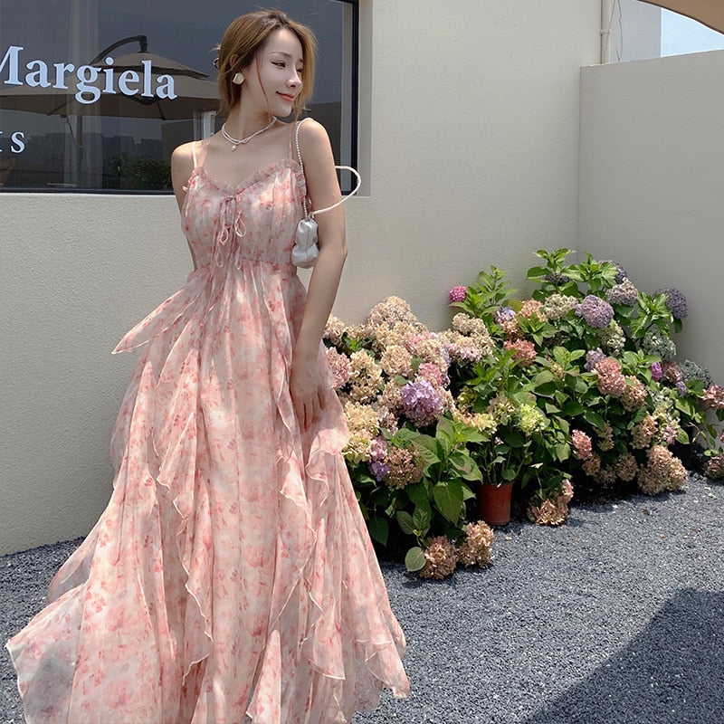 Elegant Chiffon Print Dress Women Retro Sexy Sweet Fit Chic Spaghetti Strap Lace-up Corset Dress Holiday Beach Summer Dress 2022 0 DailyAlertDeals