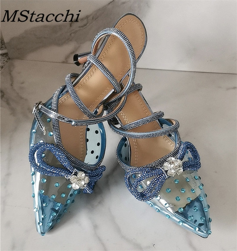 Glitter Rhinestones Women Pumps Crystal Bowknot Satin Sandals 2023 Summer Transparent Shoes High Heels Party Prom Designer Shoes DailyAlertDeals Blue 2 35