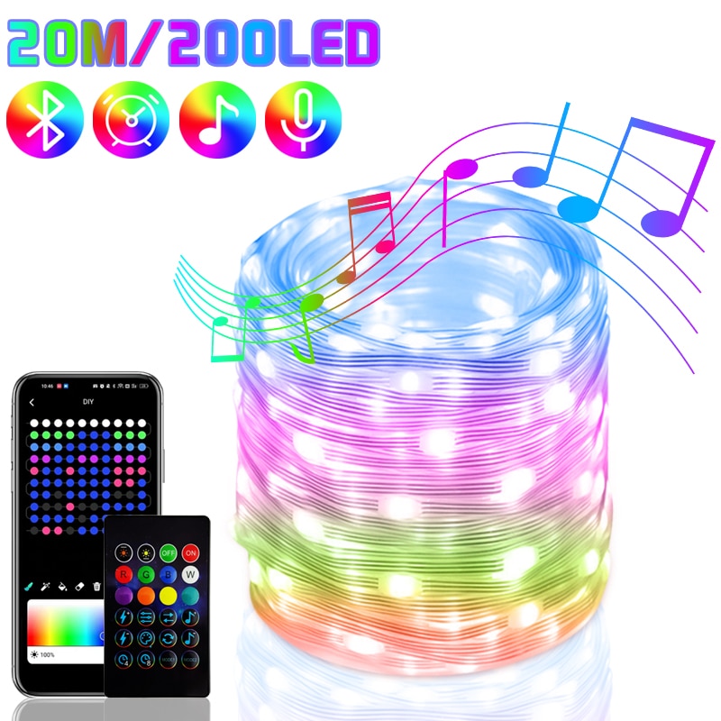 Fairy Lights RGB Smart Bluetooth Control USB LED String Lamp Outdoor App Remote Control Home Corridor Garland Lights Decoration Party Lights For Wedding Xmas DailyAlertDeals 20M 200LEDs China