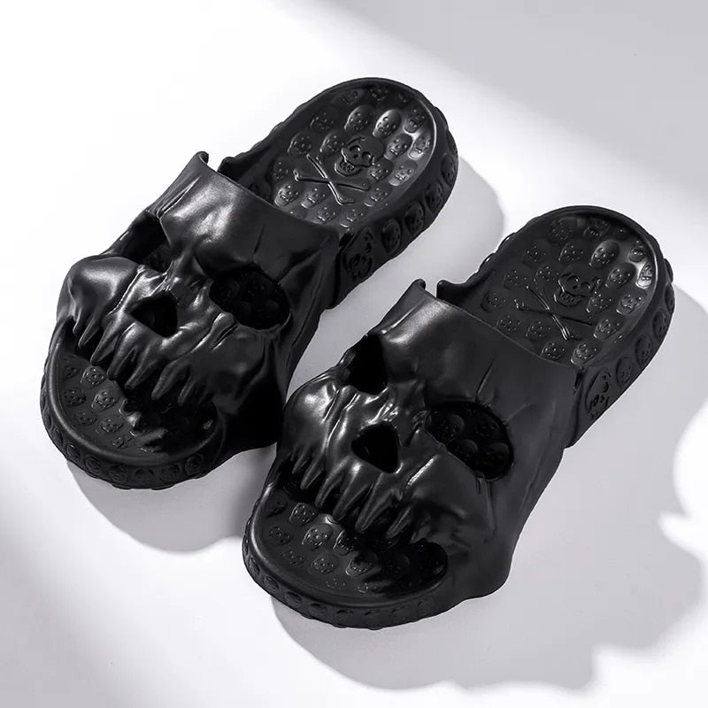 Skull Design Men Slippers 2023 Summer Outdoor Fun Novelty Slide Thick Sole Platform Beach Non-slip Women Sandal shoes DailyAlertDeals black 36-37