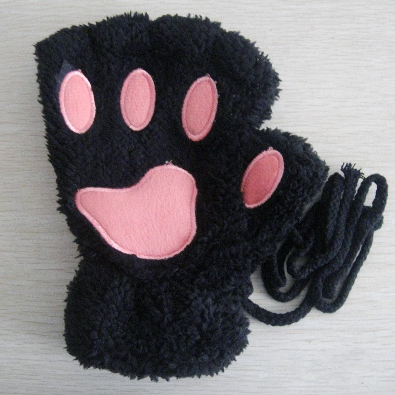 Fashion Girls Lovely Cat Claw Paw Plush Mittens Warm Soft Plush Short Fingerless women Leisure Bear Cat Gloves Half Finger Gifts Paws Gloves DailyAlertDeals black One Size