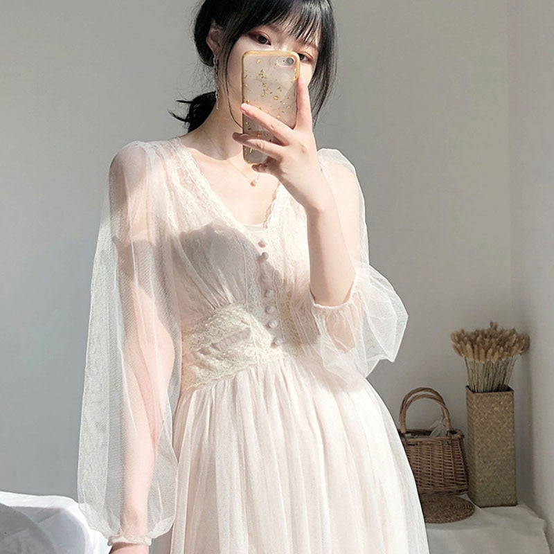 2022 Women Spring New Dress Vintage Elegant with Button A-Line Dress Solid Puff Sleeve Lace Voile Mesh Dress Women Vestidos 8126 0 DailyAlertDeals Apricot XS