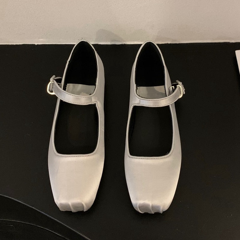 SUOJIALUN 2023 Spring New Women Flat Shoes Fashion Silk Square Toe Shallow Ladies Ballet Shoes Soft Casual Flat Mary Jane Shoes 0 DailyAlertDeals Gray 35