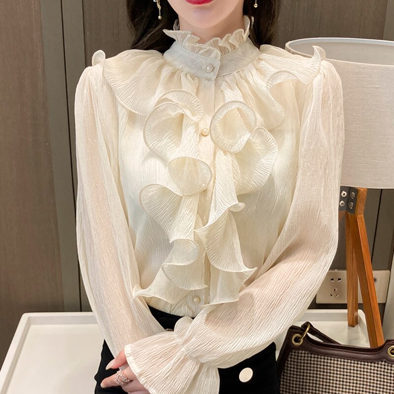 Korean Chic Ruffles Stitching Elegant Blouse Woman Stand Collar Button Chiffon Shirt Long Flare Sleeve Fashion Loose Tops 12946 0 DailyAlertDeals