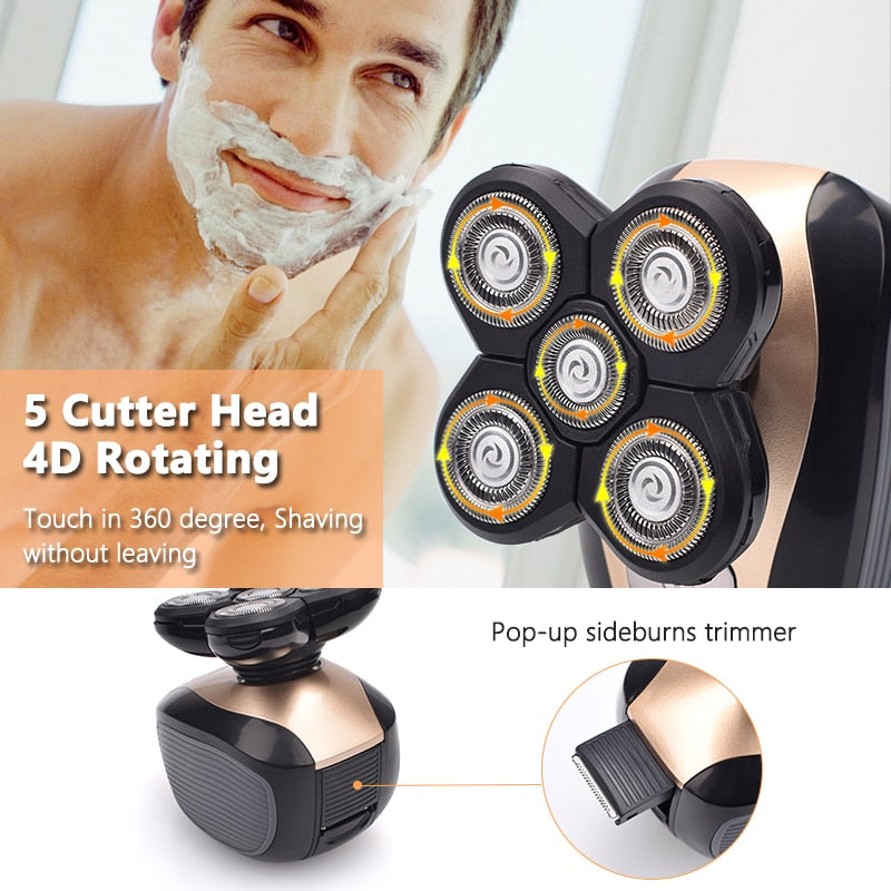 5 In 1 4D Men Rechargeable Bald Head Electric Shaver 5 Floating Heads Beard Nose Ear Hair Trimmer Razor Clipper Facial Brush Men Rechargeable Bald Head Electric Shaver DailyAlertDeals