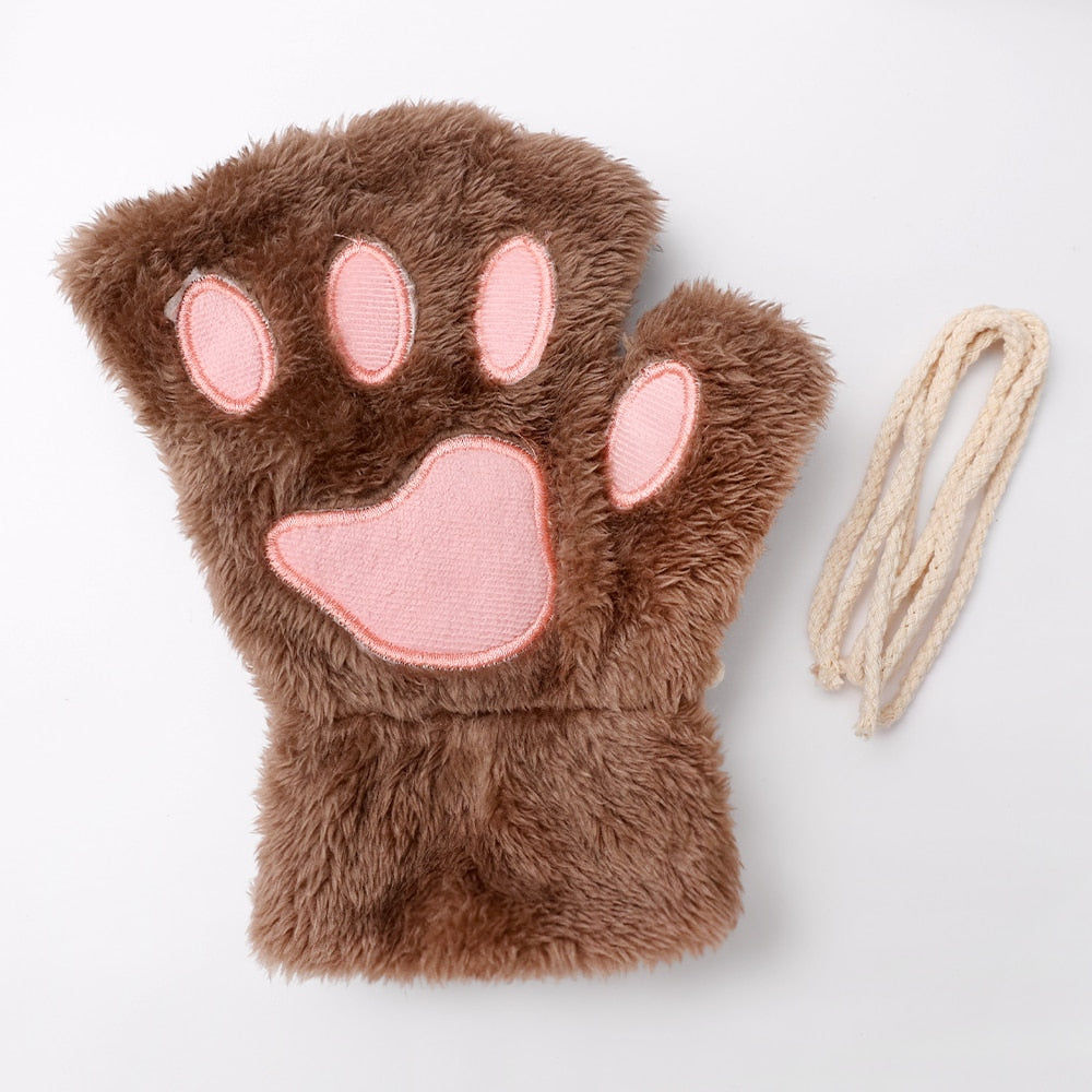Fashion Girls Lovely Cat Claw Paw Plush Mittens Warm Soft Plush Short Fingerless women Leisure Bear Cat Gloves Half Finger Gifts Paws Gloves DailyAlertDeals khaki One Size