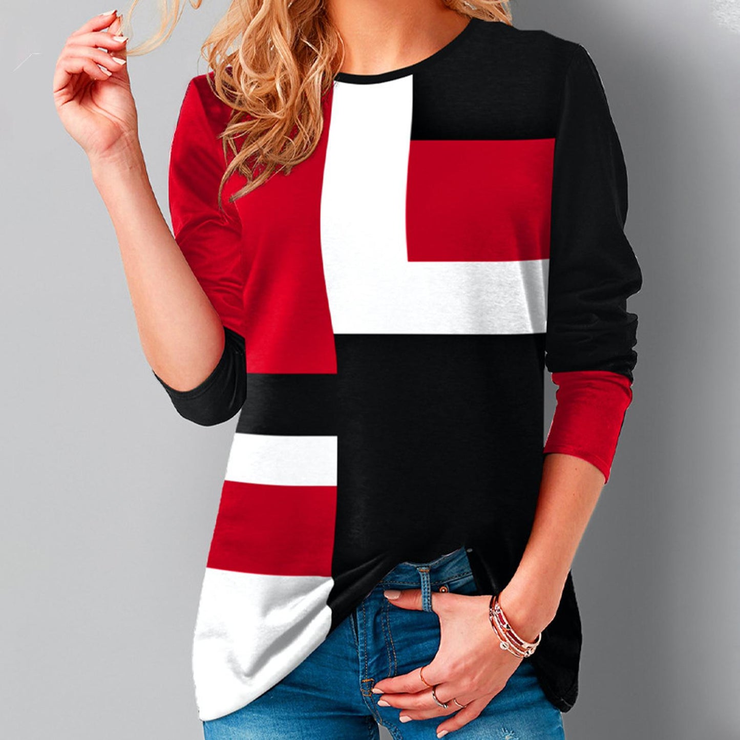 Women Loose Casual Round Neck Geometric Print Long Sleeve Plus Size Autumn Tshirt Tops Blouses 0 DailyAlertDeals Red S