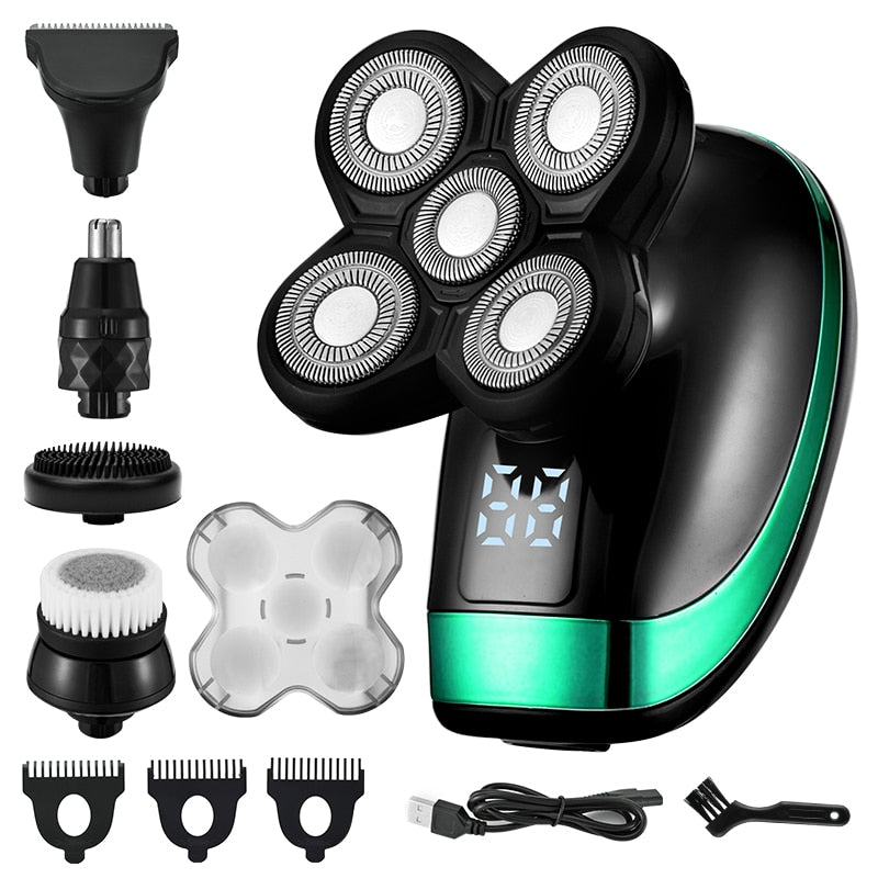 5 In 1 4D Men Rechargeable Bald Head Electric Shaver 5 Floating Heads Beard Nose Ear Hair Trimmer Razor Clipper Facial Brush Men Rechargeable Bald Head Electric Shaver DailyAlertDeals USA 5-in-1-Green