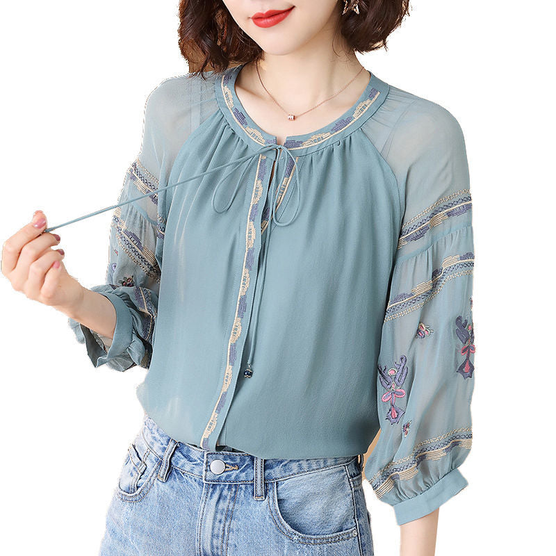 Elegant Embroidery Drawstring Oversized Lantern Sleeve Shirt Summer and Autumn Casual Tops Commute Fashion Woman Blouses 2022 0 DailyAlertDeals