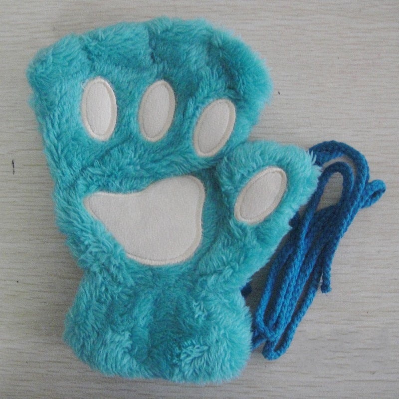 Fashion Girls Lovely Cat Claw Paw Plush Mittens Warm Soft Plush Short Fingerless women Leisure Bear Cat Gloves Half Finger Gifts Paws Gloves DailyAlertDeals lake blue One Size