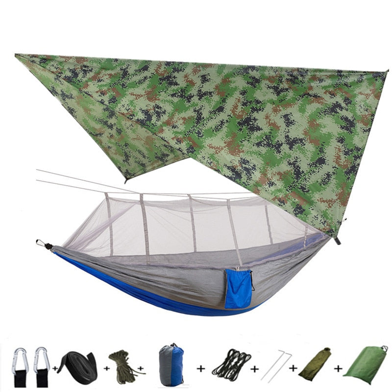 Lightweight Portable Camping Hammock and Tent Awning Rain Fly Tarp Waterproof Mosquito Net Hammock Canopy 210T Nylon Hammocks Camping Hammock and Tent DailyAlertDeals camouflage and gray