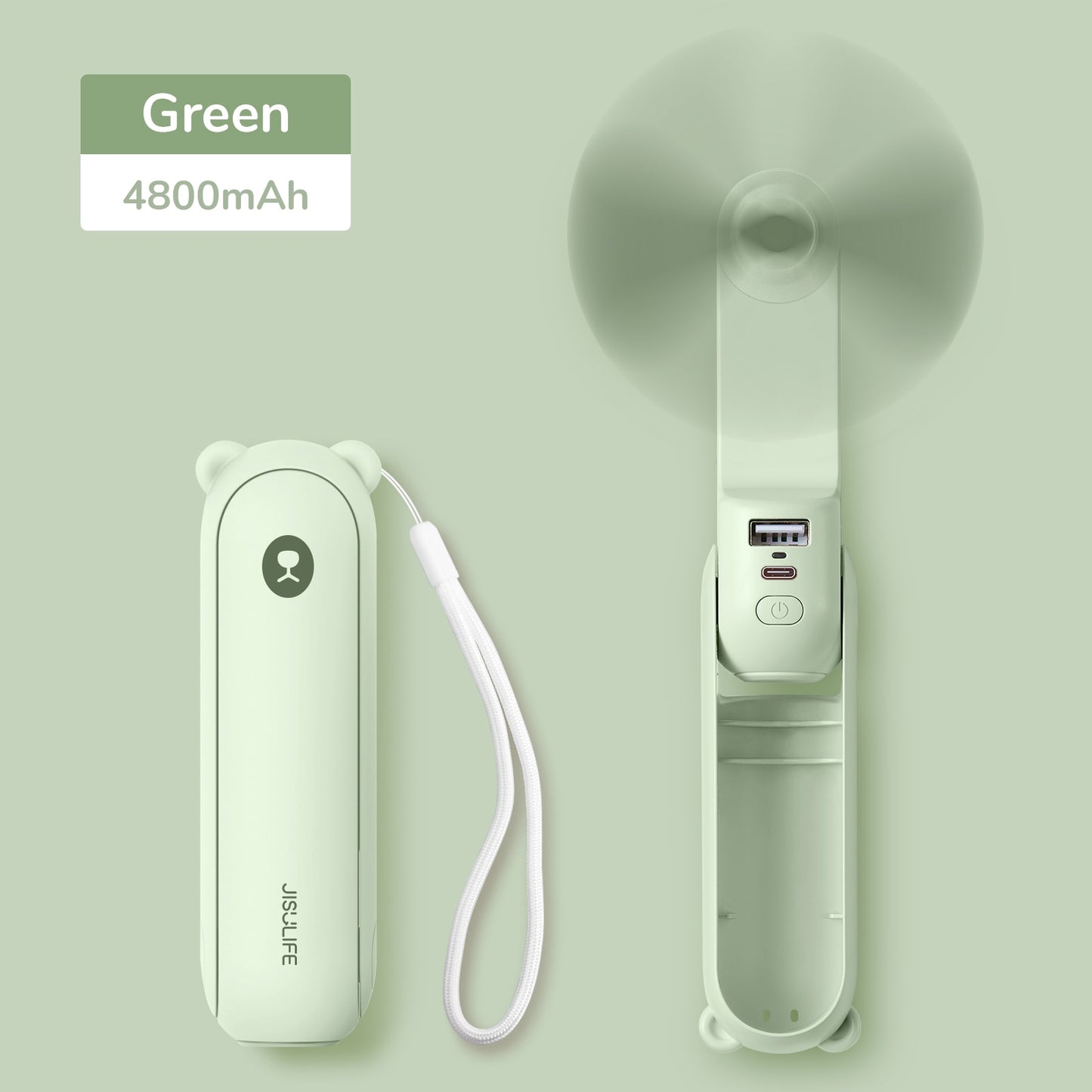 Portable Fan 3 IN 1 Mini Hand held Cooling Fan USB 4800mAh Recharge Small Pocket Fan with Power Bank Flashlight Feature fan portable Wireless Electric fan DailyAlertDeals 4800mAh green F8X China