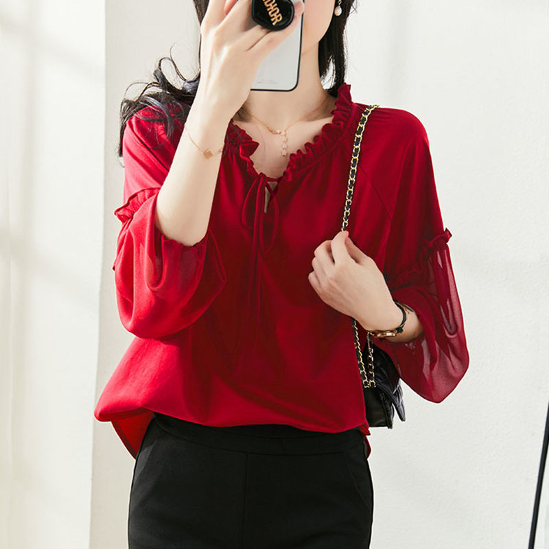 Elegant Fashion V-neck Loose Butterfly Sleeve Blouses Female Solid Color Chiffon Thin Shirts 6XL Oversize Women Clothing 2022 0 DailyAlertDeals