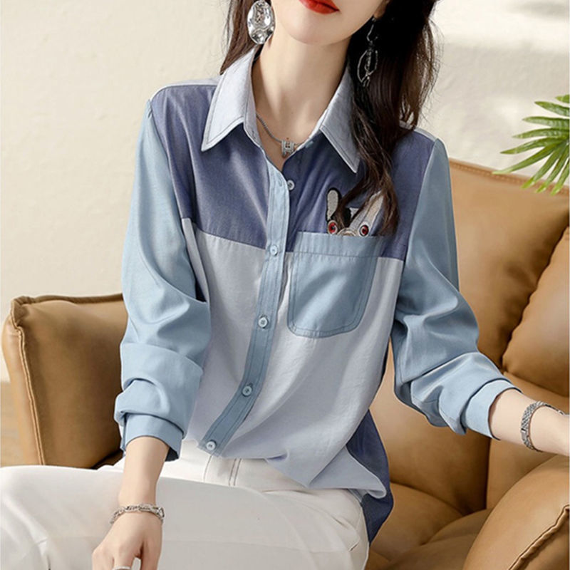 Office Lady Turn-down Collar Button Patchwork Pockets Spring Autumn Women's Clothing Fashion Straight Loose Long Sleeved Blouses 0 DailyAlertDeals
