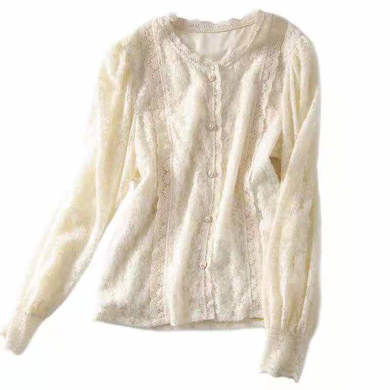 Elegant Lace Crochet Women's Blouse Sweet Autumn Vintage Flowers Button Shirt O Neck Casual Loose Long Sleeve Blouses Tops 16619 0 DailyAlertDeals