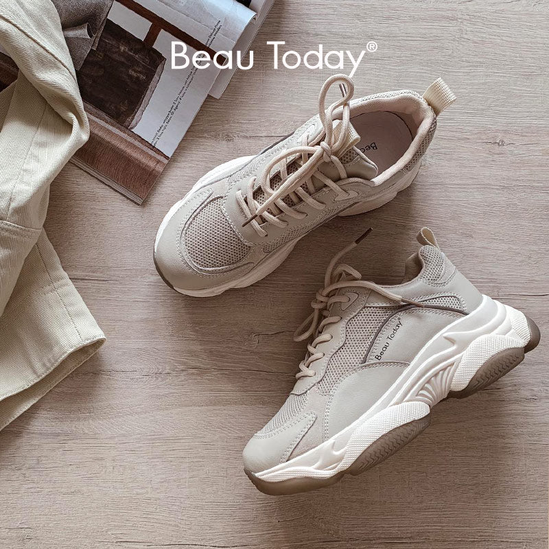 BeauToday Chunky Sneakers Women Mesh Leather Platform Shoes Mixed Colors Lace-Up Lady Trendy Trainers Thick Sole Handmade 29401 0 DailyAlertDeals