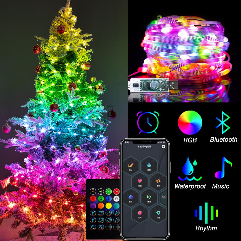 Fairy Lights RGB Smart Bluetooth Control USB LED String Lamp Outdoor App Remote Control Home Corridor Garland Lights Decoration Party Lights For Wedding Xmas DailyAlertDeals