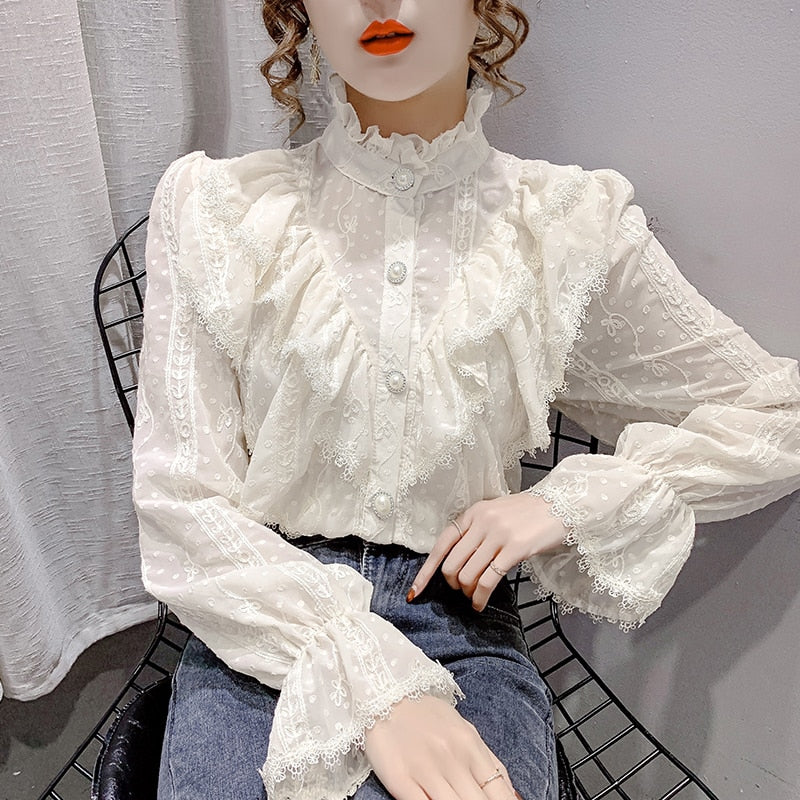 Korean Style Stand Collar Pleated Tops Fashion Ruffle Stitching Elegant Lace Blouse Long Sleeve Loose Chiffon Shirt Blusas 15832 0 DailyAlertDeals