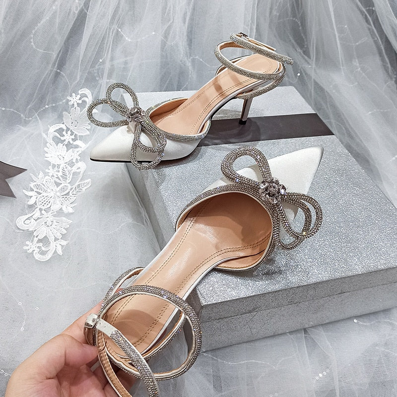 Glitter Rhinestones Women Pumps Crystal Bowknot Satin Sandals 2023 Summer Transparent Shoes High Heels Party Prom Designer Shoes DailyAlertDeals white 35