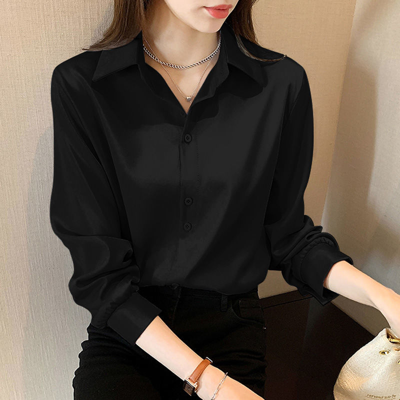 Elegant Fashion Korean White Long Sleeve Covered Button Comfortable Blouses Straight Loose Wild Solid Color Shirt Women Clothing 0 DailyAlertDeals Black S