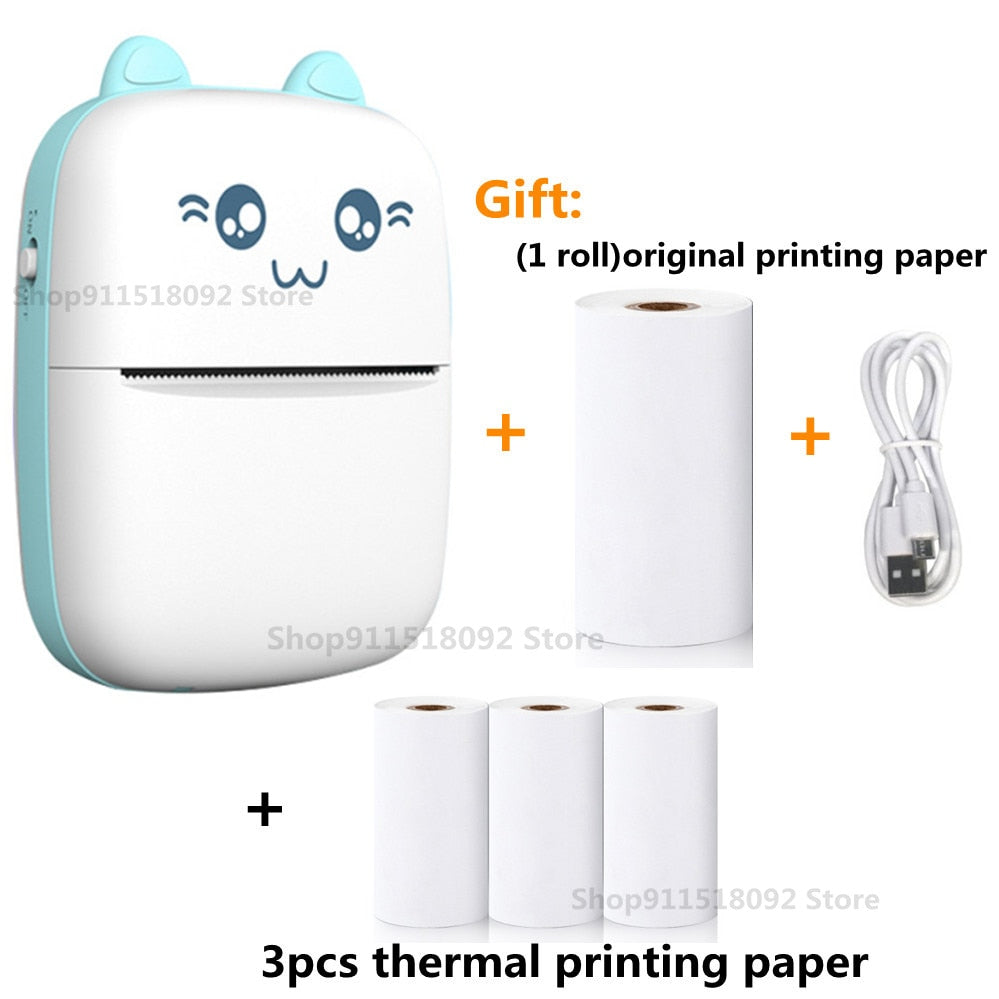 Cat Shape Mini Portable Label Printer Thermal Printing Wireless Impresoras Paper Photo Inkless Printers Sticker Android IOS 57mm Mini printer DailyAlertDeals A-Blue and 3 white China