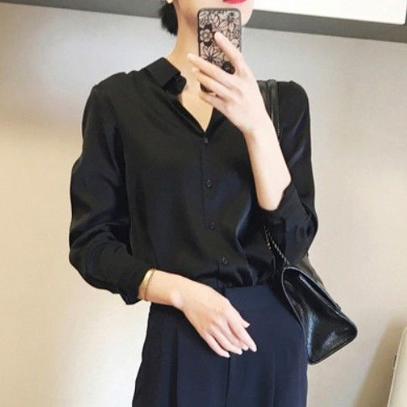 Premium Black Single Breasted Straight Loose Chiffon Thin Long Sleeve Blouses Fashion Soldier Color Spring Autumn Women Clothing 0 DailyAlertDeals