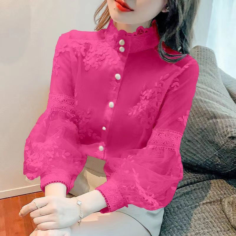Lace Embroidered White Blouse Women Sweet Tops Stand Collar Elegant Chiffon Shirts Lantern Sleeve Vintage Blouses Women 21518 0 DailyAlertDeals Rose Red S