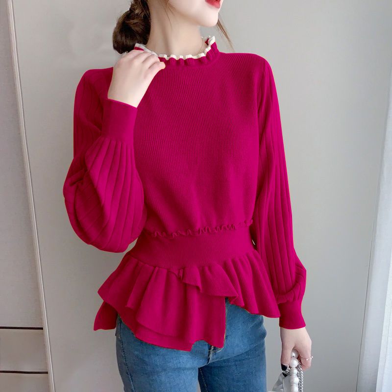 Fashion Ruffles Spliced Knitted Folds Asymmetrical Sweaters Women's Clothing 2022 Autumn New Loose Casual Pullovers Korean Tops 0 DailyAlertDeals Rose Red XS