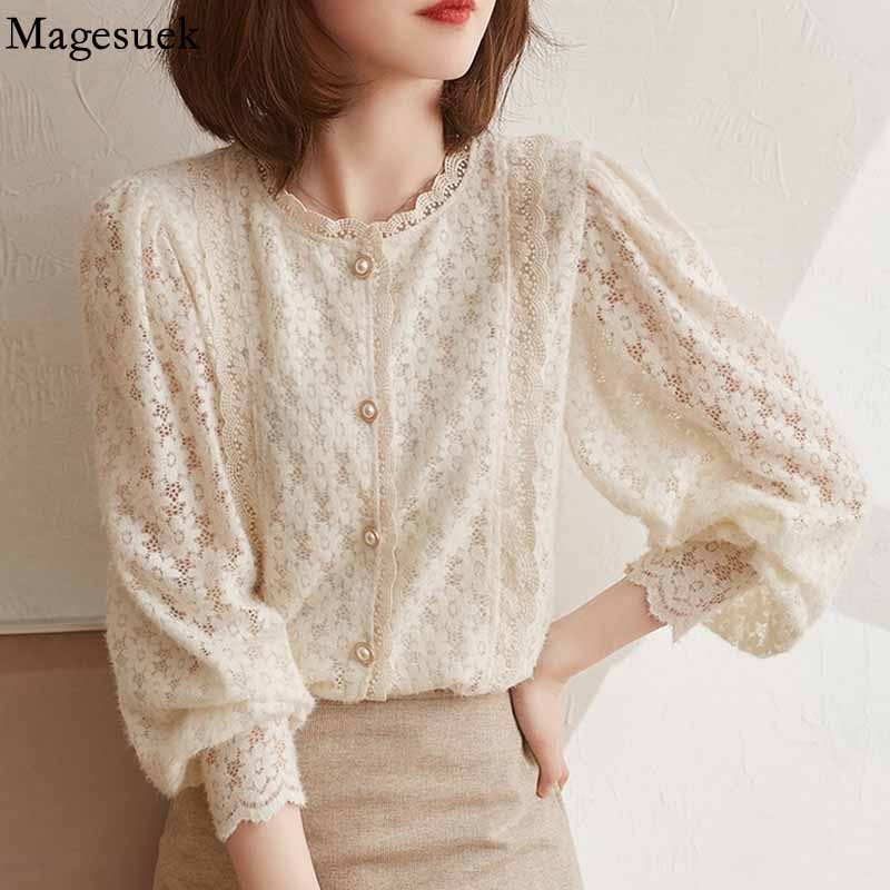 Elegant Lace Crochet Women's Blouse Sweet Autumn Vintage Flowers Button Shirt O Neck Casual Loose Long Sleeve Blouses Tops 16619 0 DailyAlertDeals
