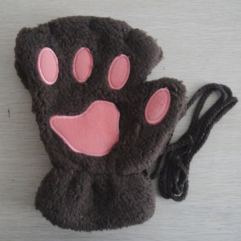 Fashion Girls Lovely Cat Claw Paw Plush Mittens Warm Soft Plush Short Fingerless women Leisure Bear Cat Gloves Half Finger Gifts Paws Gloves DailyAlertDeals dark coffee One Size