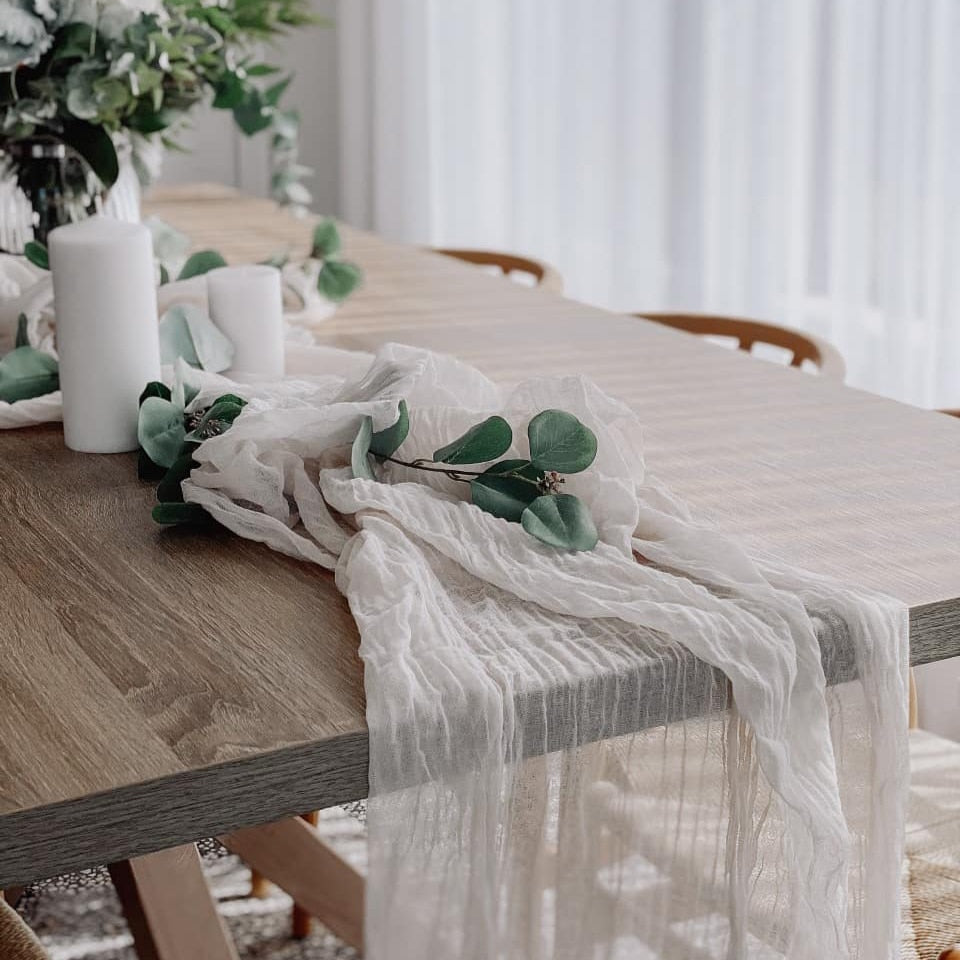 Wedding Gauze Table Runner Semi-Sheer Vintage Cheesecloth Table Setting Dining Party Christmas Banquets Arches Cake Decor Table Runners DailyAlertDeals 90X180cm White