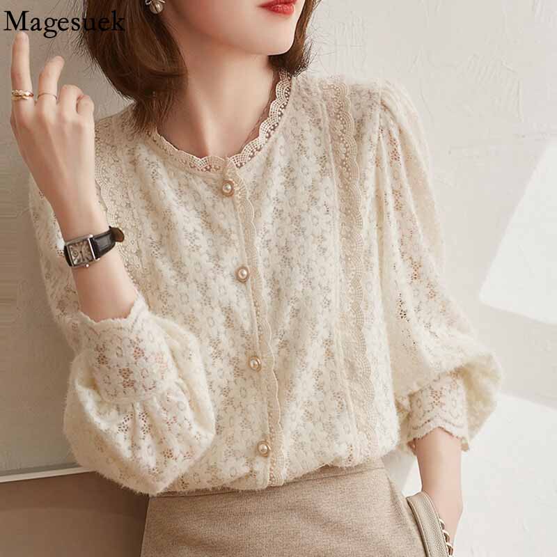 Elegant Lace Crochet Women's Blouse Sweet Autumn Vintage Flowers Button Shirt O Neck Casual Loose Long Sleeve Blouses Tops 16619 0 DailyAlertDeals