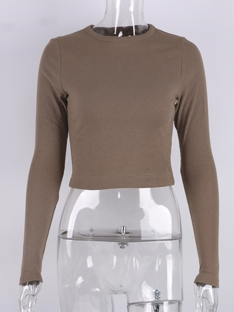 O Neck Long Sleeve Shirt Women Ribbed Sexy Cropped Tops 2022 Spring Black Casual Skinny Slim Basic Woman T Shirts White 0 DailyAlertDeals