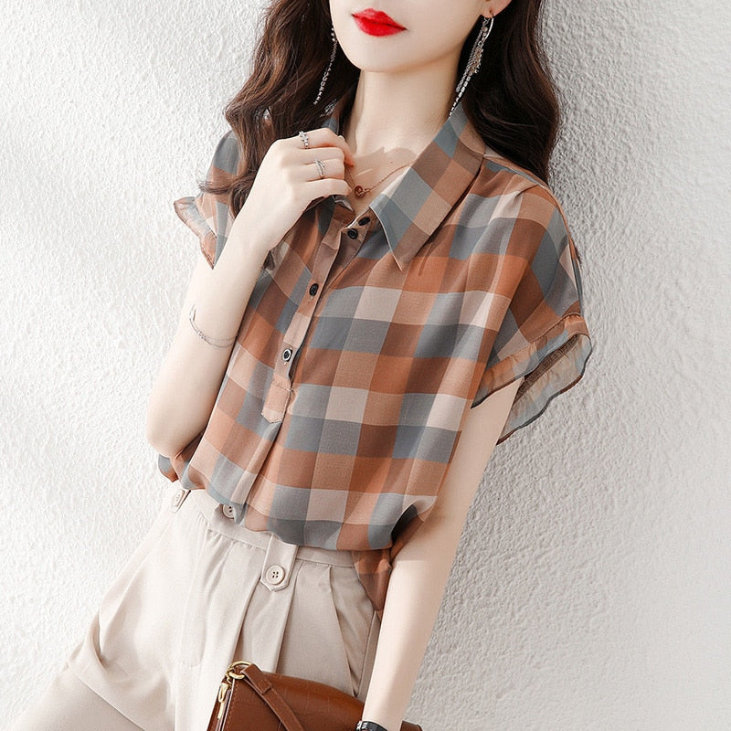 Fashion Plaid Printed Lapel Button Short Sleeve Chiffon Blouse Summer Plus Size Commute Tops Loose Casual Women Clothing Shirt 0 DailyAlertDeals