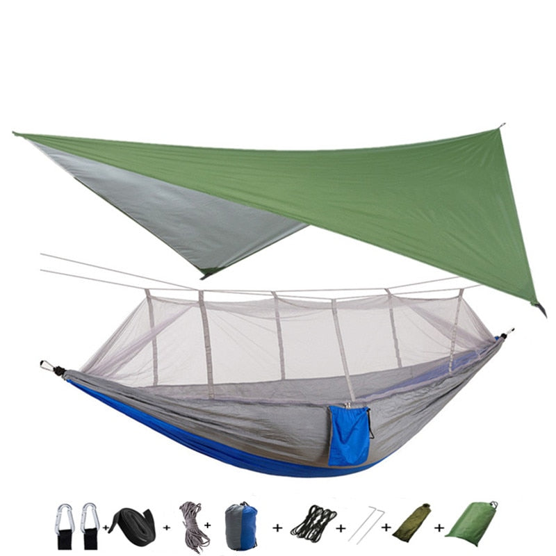 Lightweight Portable Camping Hammock and Tent Awning Rain Fly Tarp Waterproof Mosquito Net Hammock Canopy 210T Nylon Hammocks Camping Hammock and Tent DailyAlertDeals Green and gray
