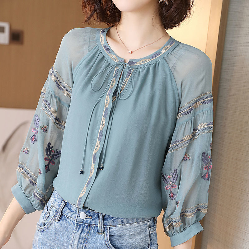 Elegant Embroidery Drawstring Oversized Lantern Sleeve Shirt Summer and Autumn Casual Tops Commute Fashion Woman Blouses 2022 0 DailyAlertDeals