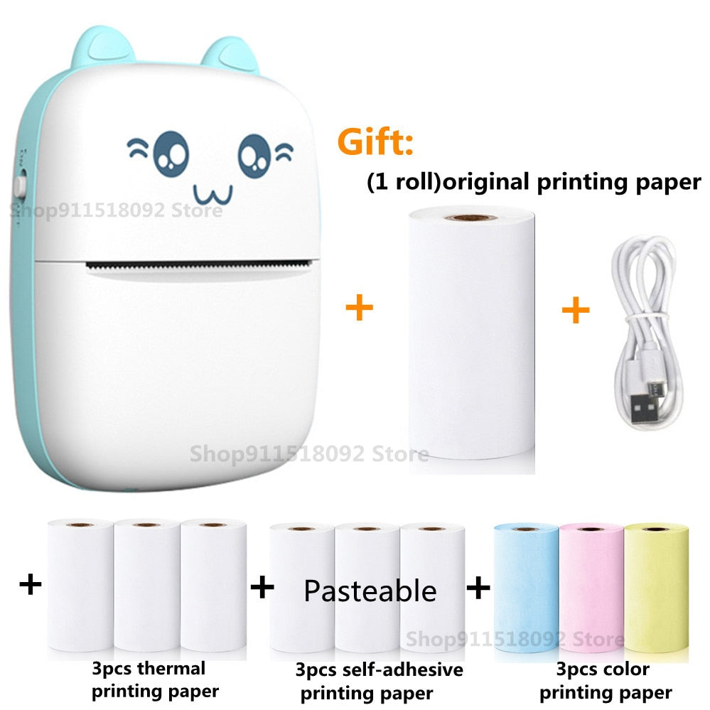 Cat Shape Mini Portable Label Printer Thermal Printing Wireless Impresoras Paper Photo Inkless Printers Sticker Android IOS 57mm Mini printer DailyAlertDeals A-Blue and each 3pcs China