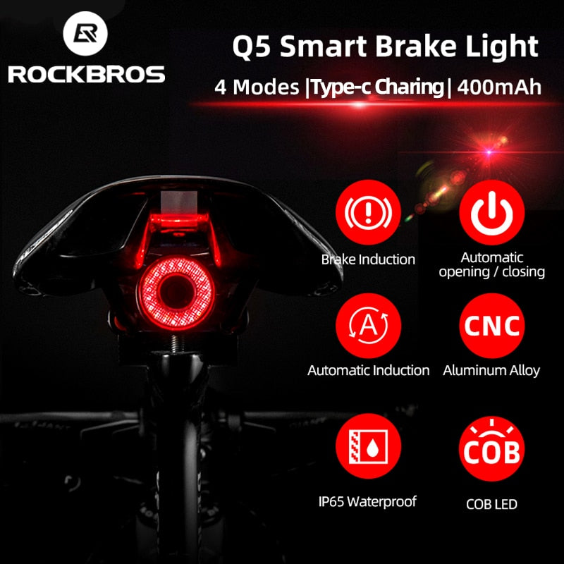 ROCKBROS Bicycle Smart Auto Brake Sensing Light IPx6 Waterproof LED Charging Cycling Taillight Bike Rear Light Accessories Q5 0 DailyAlertDeals