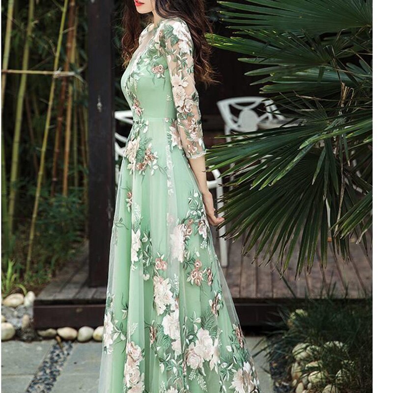 Autumn elegant women's dress women's casual trumpet sleeve office Chiffon embroidered dress a-word retro sweet clothes 0 DailyAlertDeals