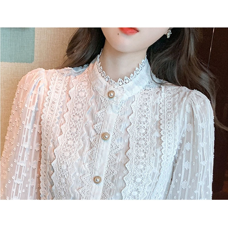 Lace White Blouse Women Shirt Vintage Long Sleeve Blouse Women Blusas Mujer De Moda 2022 Stand Collar Elegant Blouses Tops 19641 0 DailyAlertDeals